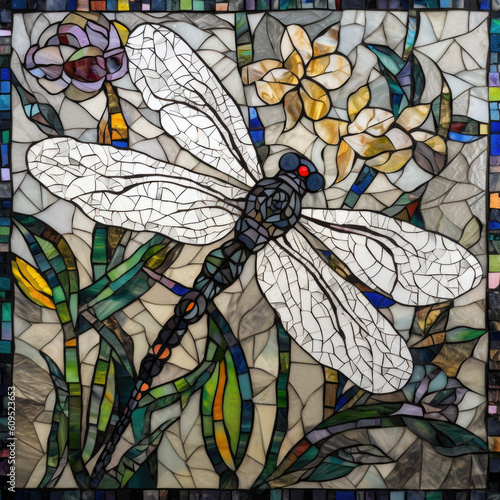 A colorful round stained glass mosaic portrait of a cute dragonfly in the nature