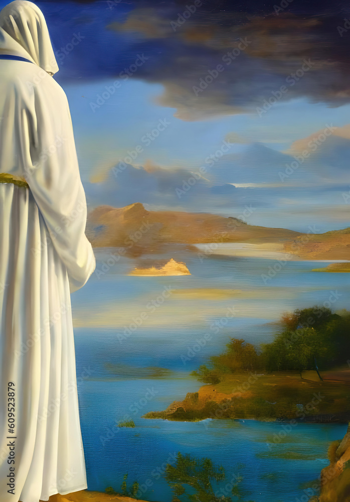 painting of a man in a white robe from behind painting of a man in a white robe from behind