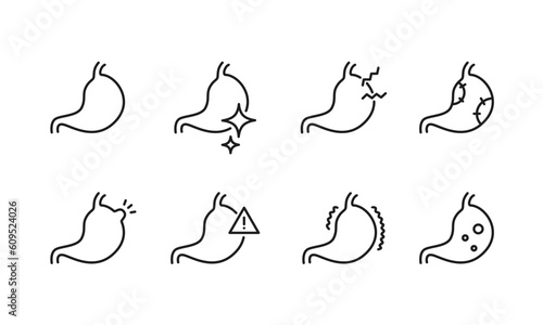 胃の健康状態を表したイラストのセット/胃袋/消化器/内臓/臓器/ベクター/アイコン