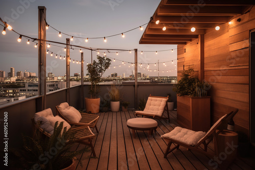 At dusk in the summer, a comfortable rooftop patio area with a lounging area, a hanging chair, and string lights is there. Generative AI