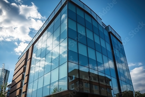 Glass fronted contemporary office building with a backdrop of a blue sky. Wall made of transparent glass at an office complex. Generative AI