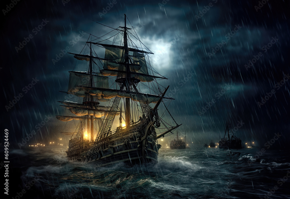 An 18th century warship sailing in rough seas with a battle in the background, generative ai