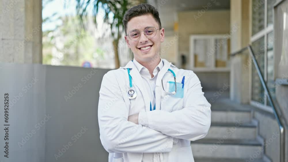 Young hispanic man doctor smiling confident standing with arms crossed gesture at hospital Young hispanic man doctor smiling confident standing with arms crossed gesture at hospital