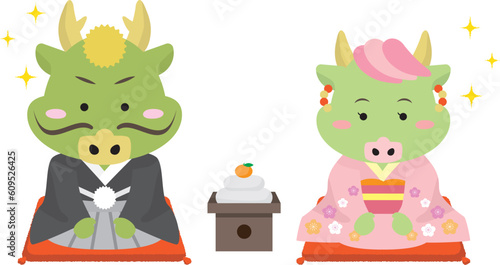 着物姿の龍と鏡もちの2024年年賀状イラスト