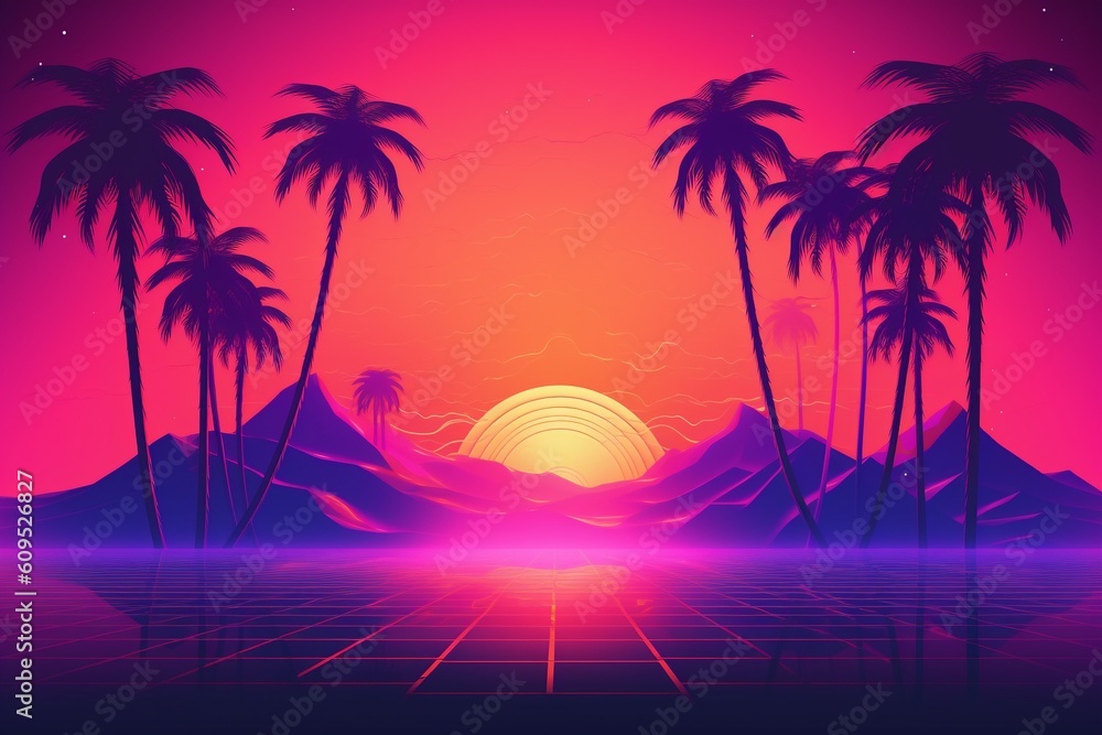 Generative AI. Retro futuristic synthwave retrowave styled night cityscape with sunset on background. Cover or banner template for retro wave music. palms