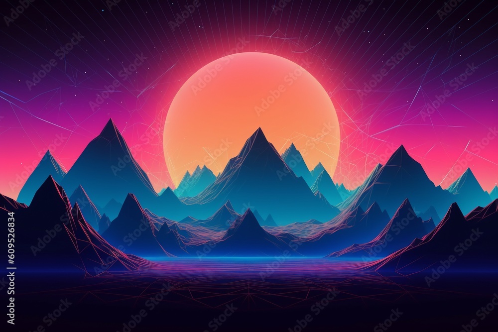 Generative AI. Futuristic neon retrowave background. Retro low poly grid wireframe landscape mountain terrain with set of glowing outrun sun vector illustration template