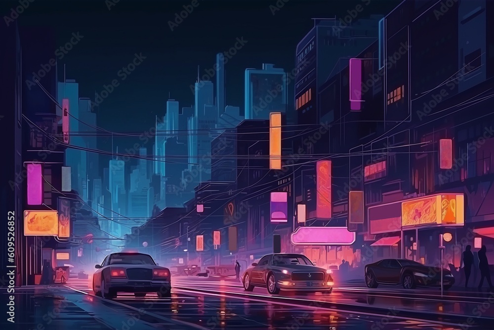 Generative AI. Future metropolis streets night skyline cartoon vector with illuminated blue and violet neon lights futuristic skyscrapers. Sci-fi urban background