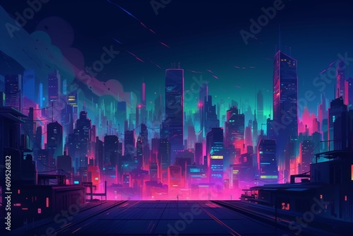 Generative AI. Futuristic night city. Cityscape on a colorful background with bright and glowing neon lights. Wide city front perspective view. Cyberpunk and retro wave style illustration