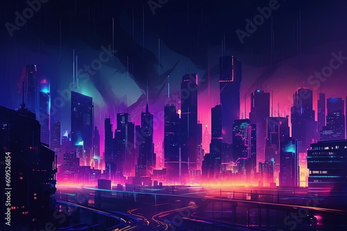 Generative AI. Modern metropolis night landscape in fluorescent, neon colors cartoon vector with illuminated futuristic architecture skyscrapers buildings on city bay shore illustration. Urban cyberpu