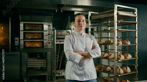 baker woman in uniform near shelves with freshly baked bread looking at camera and smiling