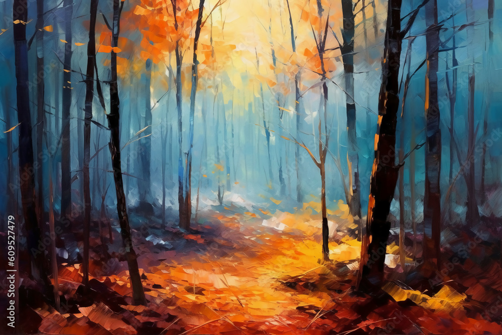 Romantic forest in the sunlight abstract painting. AI generative
