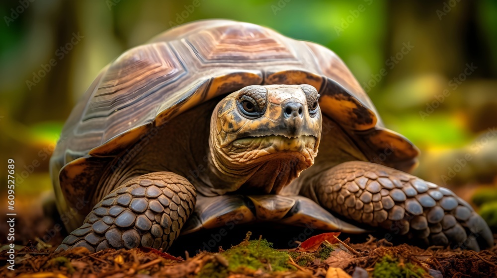 Land turtle on the forest ground, close up photography style, horizontal format 16:9. Generative AI