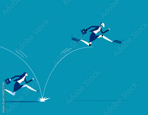 Robot uses spring to jump in front of human. Business artificial intelligence concept