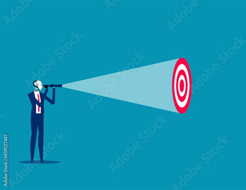 Robot looking through telescope. Business artificial intellgence concept