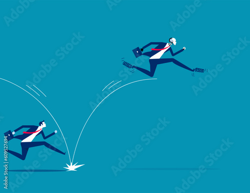 Robot uses spring to jump in front of human. Business artificial intelligence concept