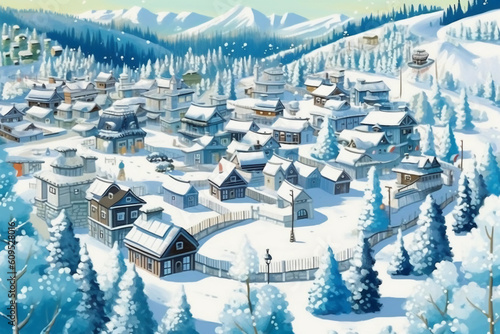 Snowing village, winter. AI generative