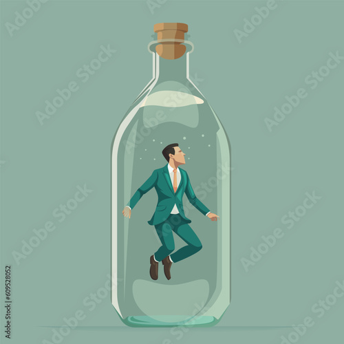 Businessman with suit trapped in a glass of jar. thinking outside the box concept vector illustration