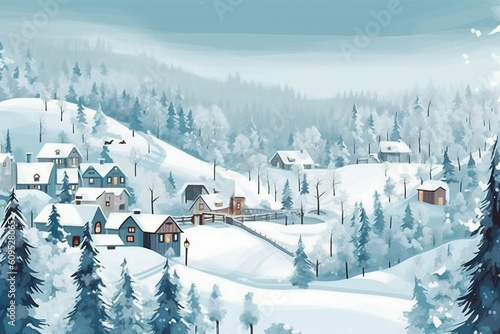 Snowing village, winter. AI generative