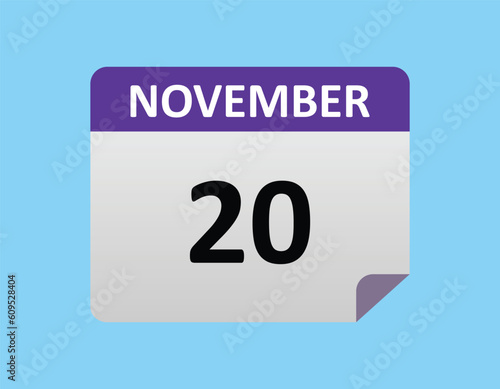 November 20th calendar icon vector. Concept of schedule. business and tasks. eps 10.
