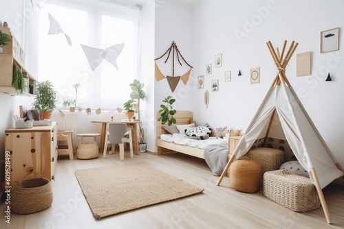  Generative AI. Stylish composition of cozy scandinavian child's room interior with wooden bed, plush and wooden toys, rattan basket and textile hanging decorations and wigwam . Creative wall, carpet 