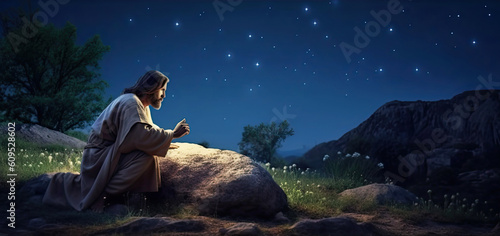 Jesus Christ of Nazareth kneeling and praying at night in garden of Gethsemane background. Generative ai.