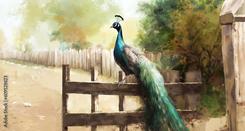  Watercolor Painting - Colorful peacock tail feathers.beautiful Indian male peacock bird showing his colorful feather tail.Generative ai.