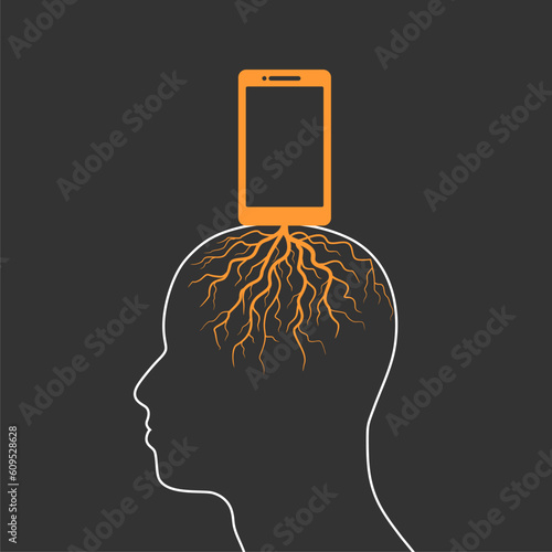 Digital detox concept illustration. Addiction of devices. Smartphone rooted in human head