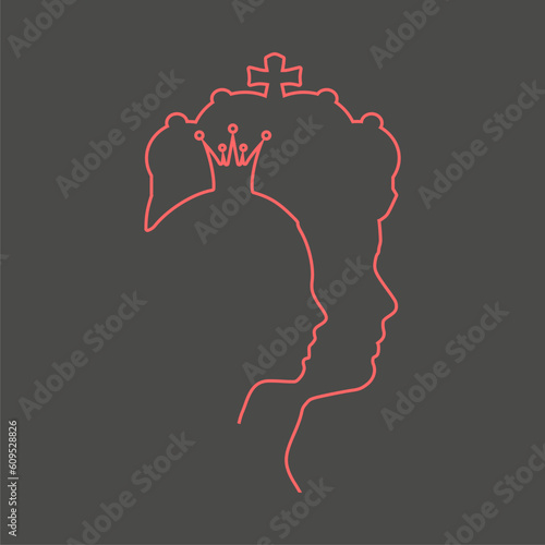Woman and man head outline silhouettes. King and common woman. Young couple