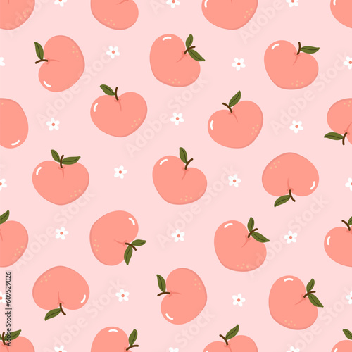 Cute pink peach and little flower seamless patten. Organic healthy fruit background. -Vector.