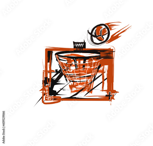 Hand drawn black Basketball basket with net, Basketball Goal, basketball hoop on white background