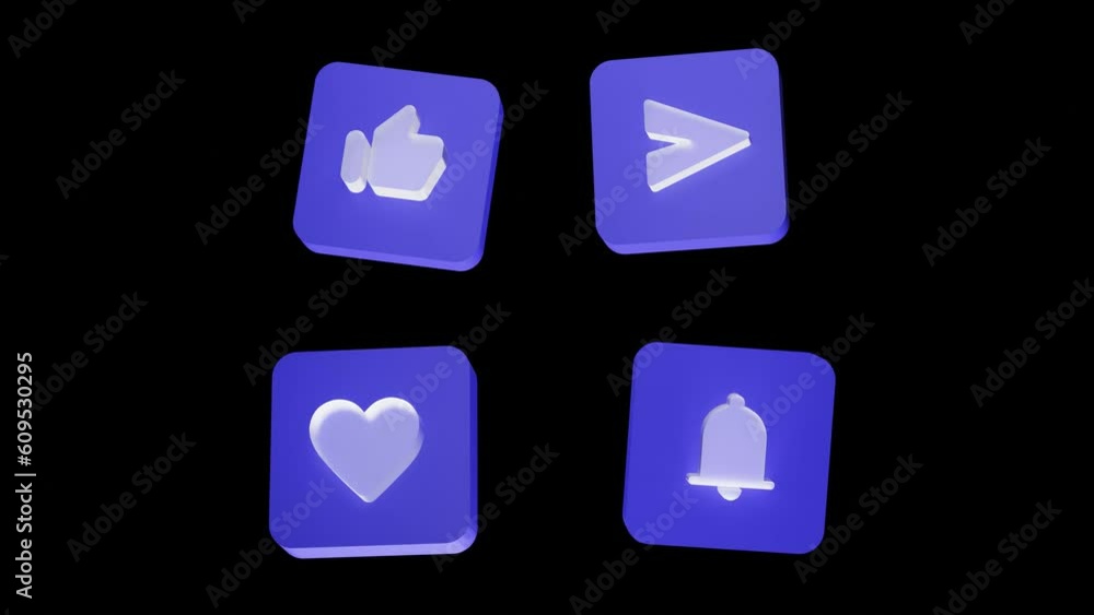 3d icon set like, love, notification and send glass with cube blue color illustration rendering 4k resolution video. looping video. black isolated background 3d icon set like, love, notification and send glass with cube blue color illustration rendering 4k resolution video. looping video. black isolated background