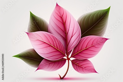 pink flower with green leaves on a white background Generative AI