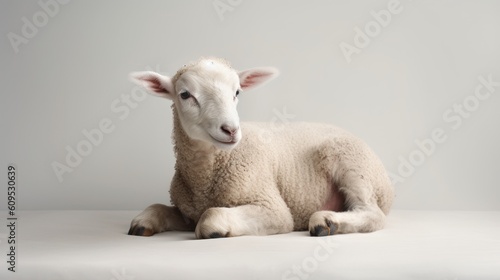 The lamb sits on a white solid background