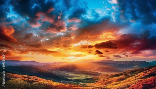 colorful landscape with majestic clouds spread across the horizon. Generative ai © Nob