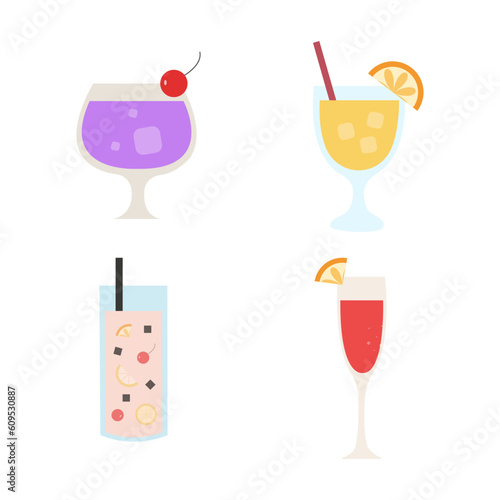 Fresh drink and sparkling drinks design with cute doodle decoration. Fruit refreshments and soft drinks in glasses. Vector illustration 