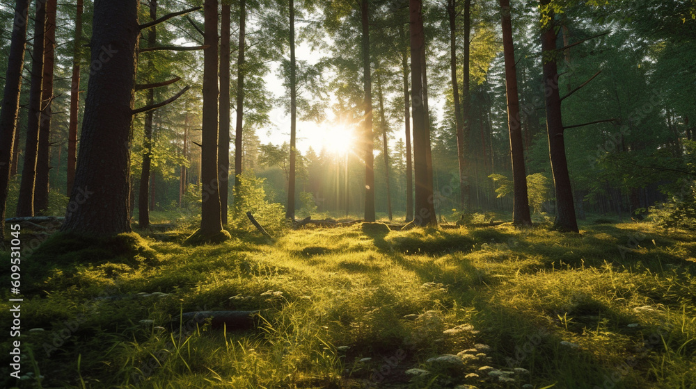 Soothing serenity of sunrise in dense forest. Generative IA