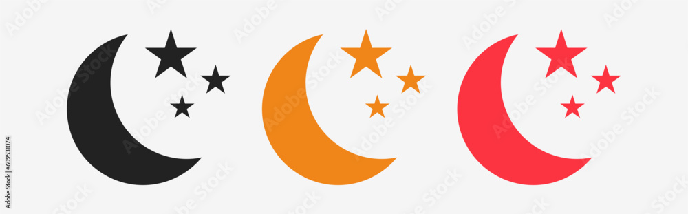 Moon icon and star closeup. The moon is yellow, black and red and the background is white. Vector icons Moon icon and star closeup. The moon is yellow, black and red and the background is white. Vector icons