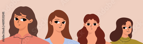 Banner with different women. Cute girlish face. Flat vector