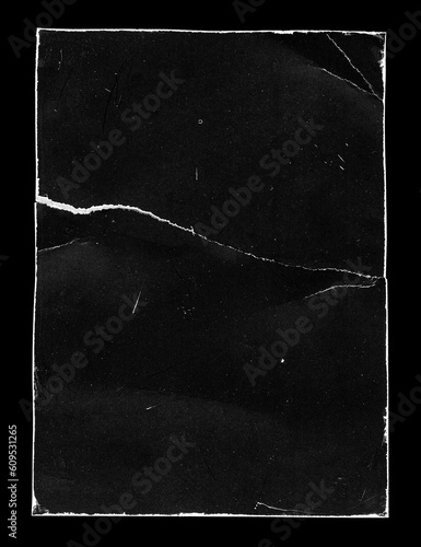 Old Black Empty Aged Vintage Retro Damaged Paper Cardboard Photo Card. Blank Frame. Front and Back Side. Rough Grunge Shabby Scratched Texture. Distressed Overlay Surface for Collage. High Quality. photo