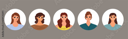 Collection of different people avatars. Round icons with smiling women