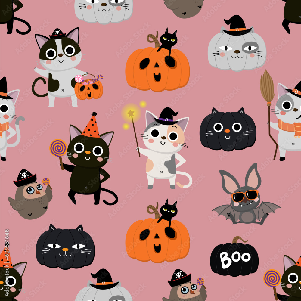 Happy halloween wallpaper with cute cat in witch dress, bat, owl and pumpkin seamless pattern. Holidays cartoon character. -Vector