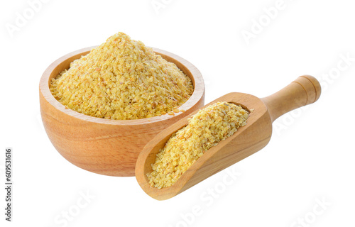 Wheat germ in wood bowl and scoop on transparent png