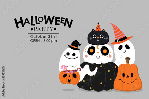 Happy halloween party invitation card with cute ghost and decorated pumpkin in cat  and spooky costume. Holidays cartoon character. -Vector