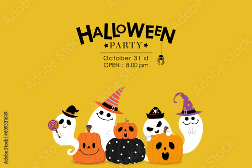 Happy halloween party invitation card with cute ghost and decorated pumpkin in cat  and spooky costume. Holidays cartoon character. -Vector