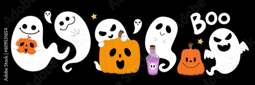 Happy halloween party invitation card with cute ghost and decorated pumpkin in cat  and spooky costume. Holidays cartoon character. -Vector