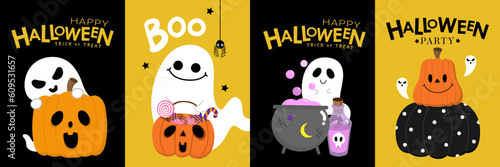 Happy halloween party invitation card with cute ghost and decorated pumpkin in cat  and spooky costume. Holidays cartoon character. -Vector