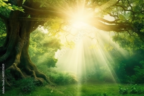 sun rays shining through the trees in a serene forest setting Generative AI