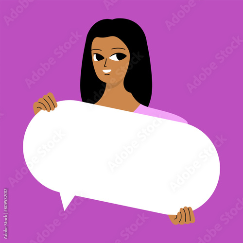 Pretty brunette swowing empty presentation. Young black woman photo