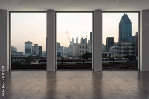 Empty room Interior Skyscrapers View Malaysia.Downtown Kuala Lumpur City Skyline Buildings from High Rise Window. Beautiful Expensive Real Estate overlooking. Sunset. 3d rendering. © VideoFlow