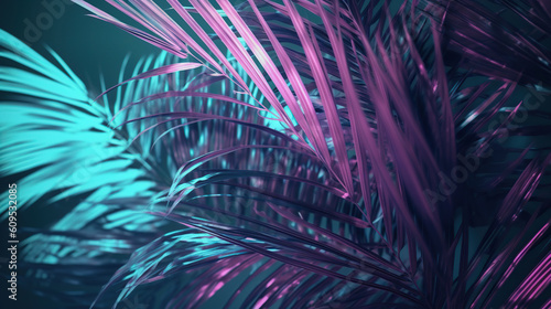 Palm leafs background in pink and blue light, ai illustration 